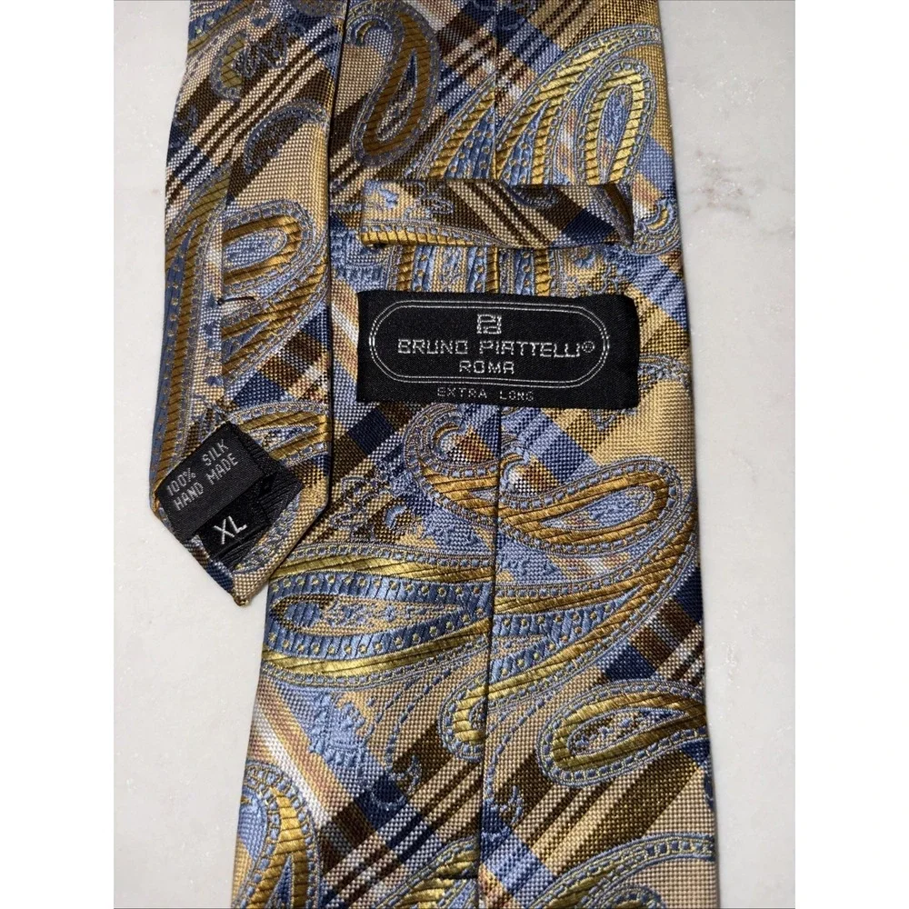 Bruno Piatelli Roma Made In Italy Men's Tie‎ 100% Silk Paisley Blue Checkered XL
